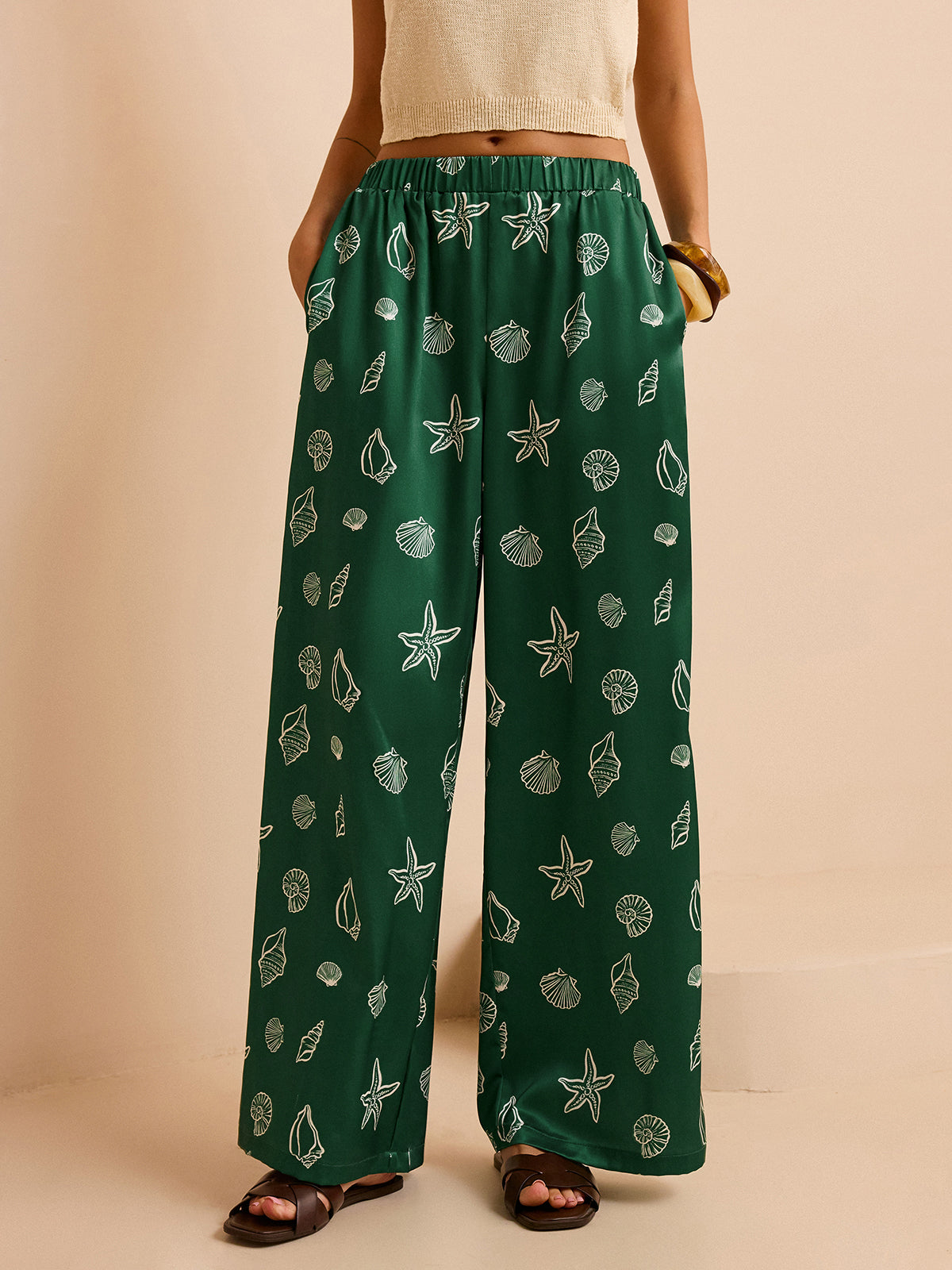 Oversized Mid-Waist Pants with Seashell and Starfish Prints-Chicvia