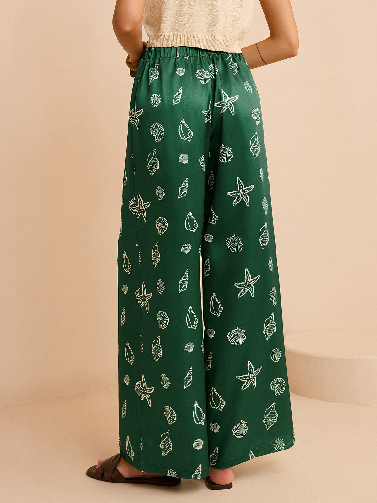 Oversized Mid-Waist Pants with Seashell and Starfish Prints-Chicvia