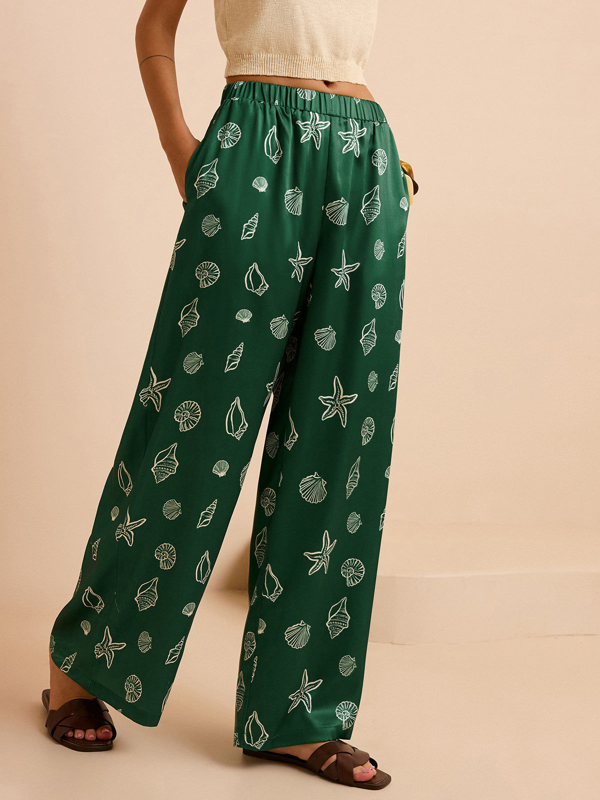 Oversized Mid-Waist Pants with Seashell and Starfish Prints-Chicvia