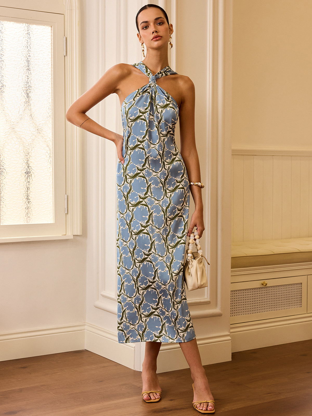 Halter Neck Floral Print Midi Dress-Chicvia