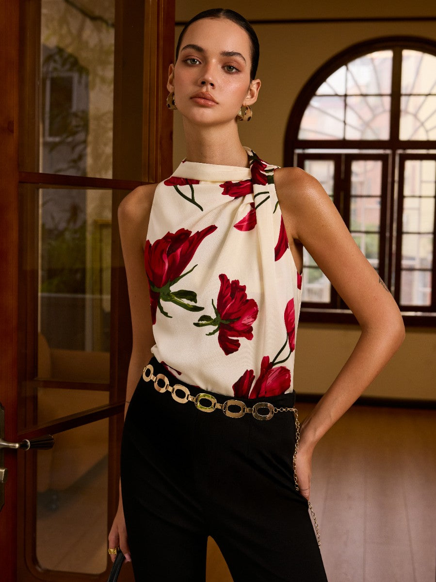 Floral Print Sleeveless Blouse with Knot Detail-Chicvia