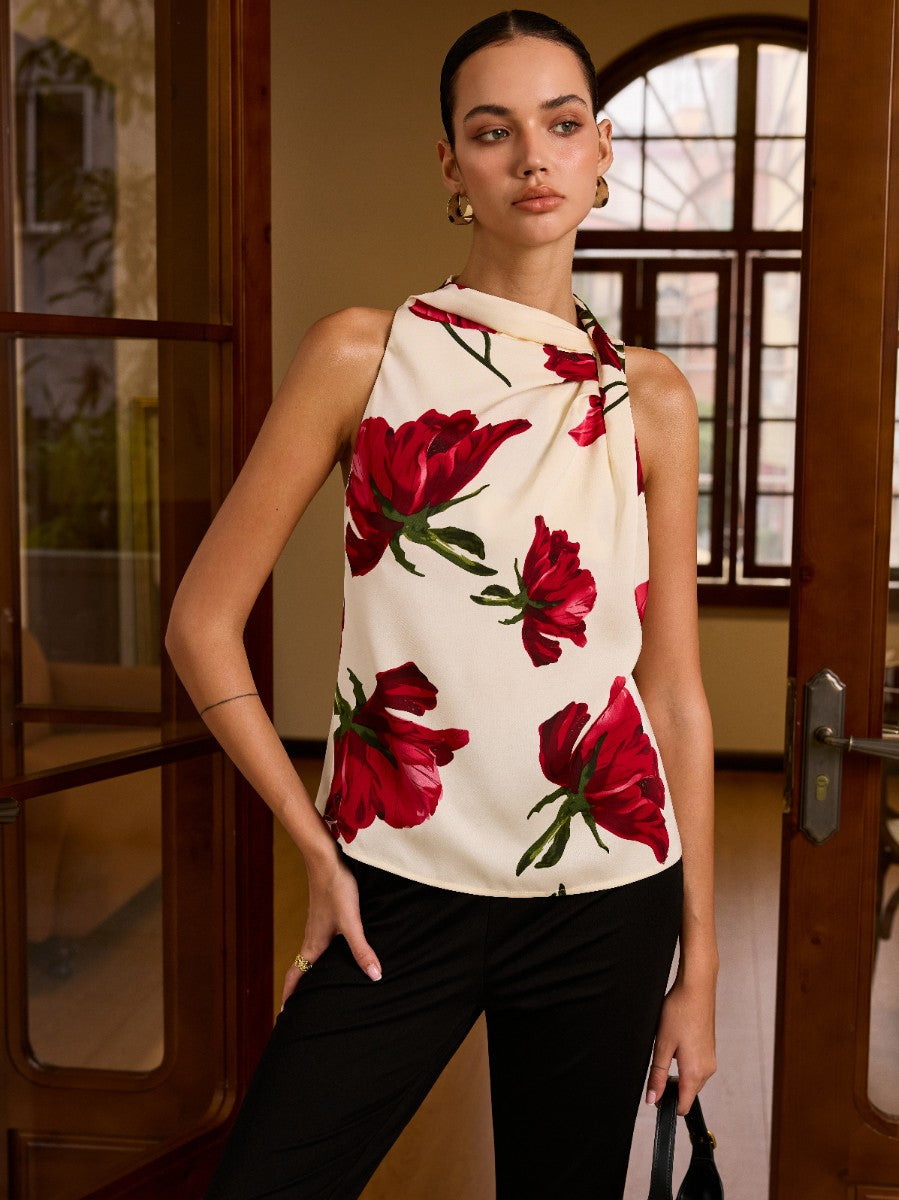 Floral Print Sleeveless Blouse with Knot Detail-Chicvia