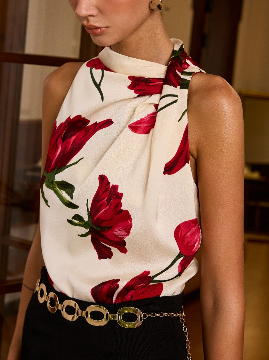 Floral Print Sleeveless Blouse with Knot Detail-Chicvia