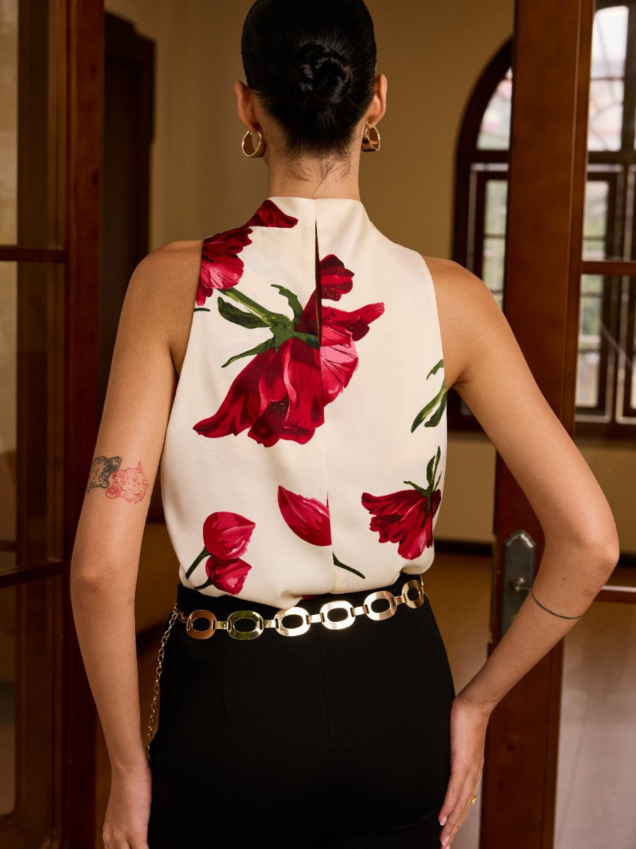 Floral Print Sleeveless Blouse with Knot Detail-Chicvia