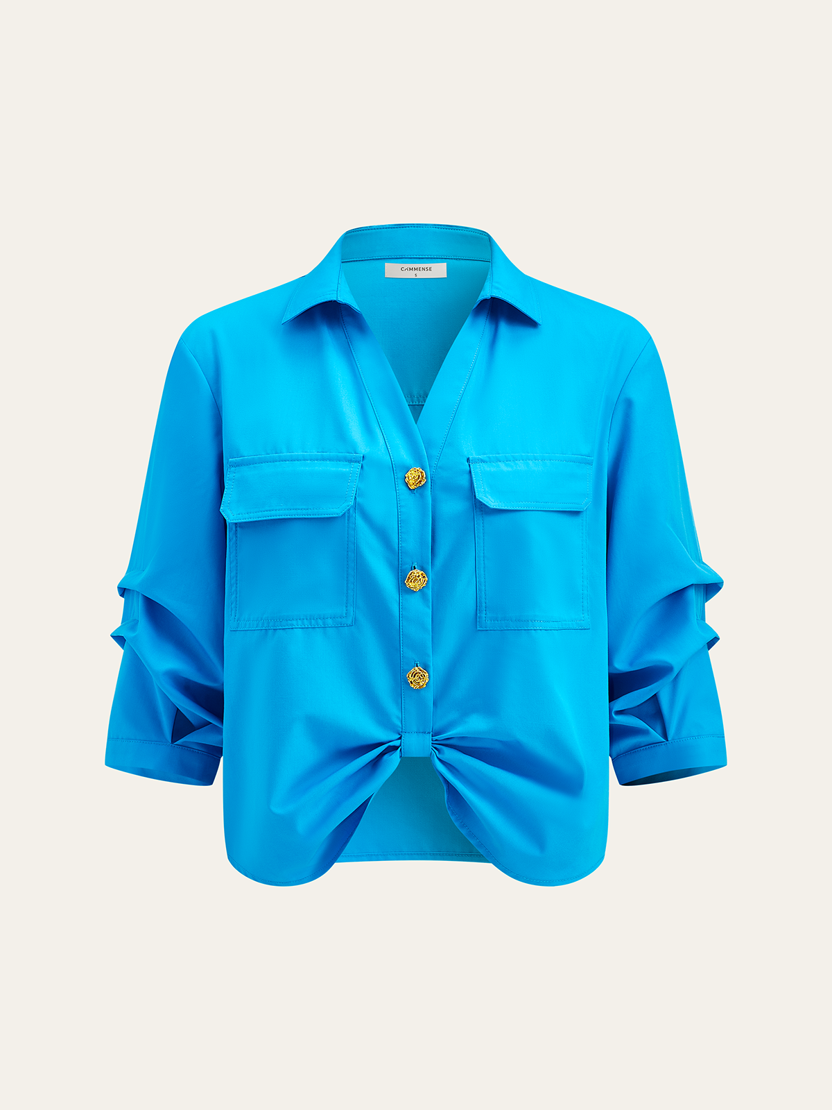 Pocketed Button-Up Blouse with Front Knot-Chicvia