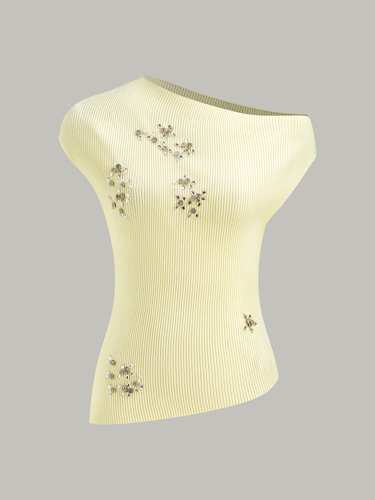 Off-Shoulder Knit Top with Crystal Embellishments-Chicvia