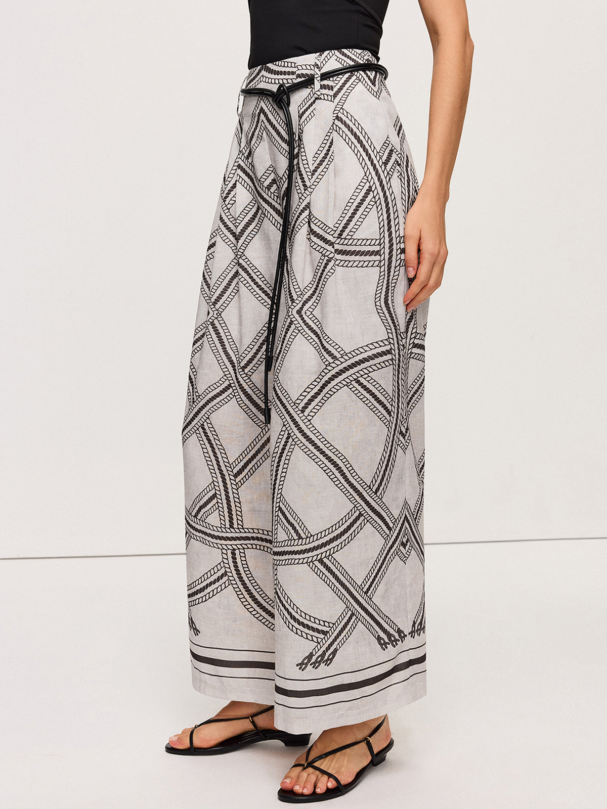 Geometric Print Belted Wide-Leg Pants-Chicvia