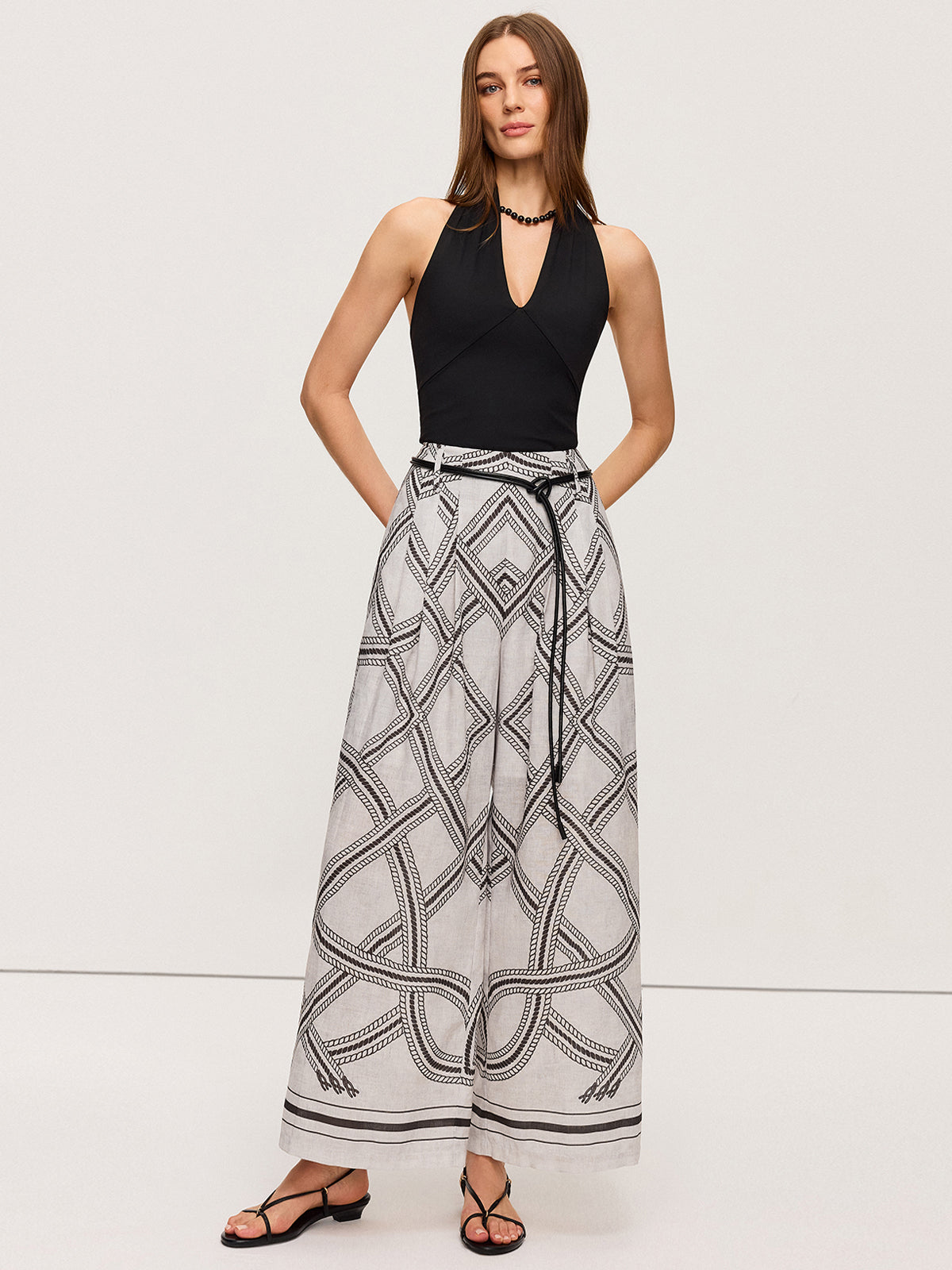 Geometric Print Belted Wide-Leg Pants-Chicvia