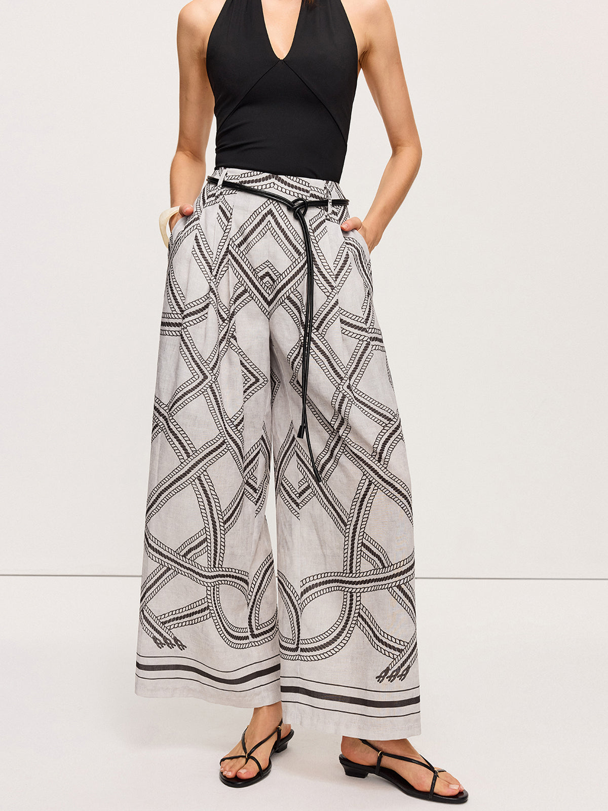 Geometric Print Belted Wide-Leg Pants-Chicvia
