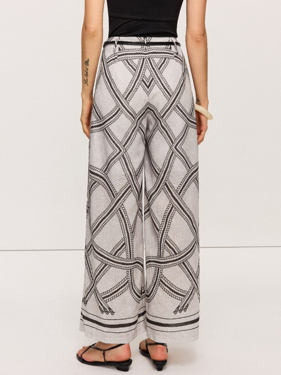 Geometric Print Belted Wide-Leg Pants-Chicvia