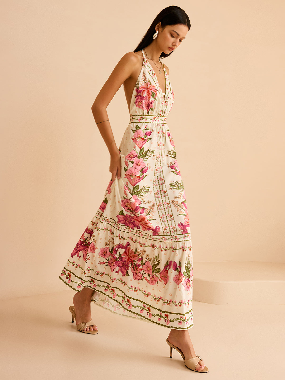 Floral Print Halter Backless Maxi Dress-Chicvia