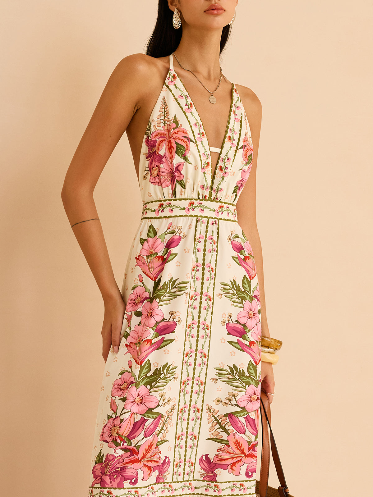 Floral Print Halter Backless Maxi Dress-Chicvia