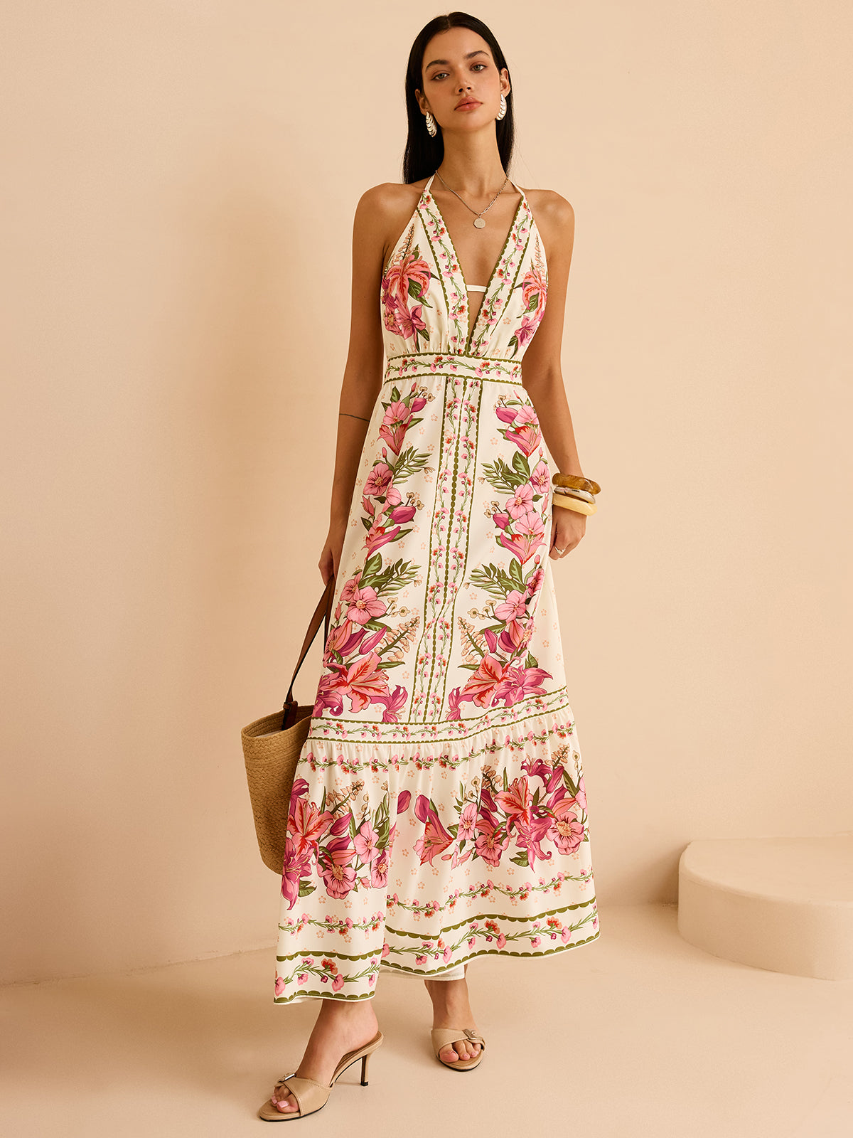 Floral Print Halter Backless Maxi Dress-Chicvia
