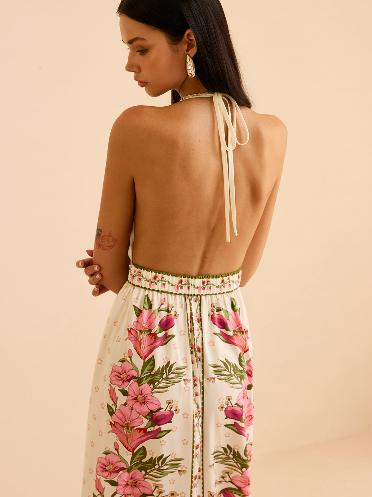 Floral Print Halter Backless Maxi Dress-Chicvia