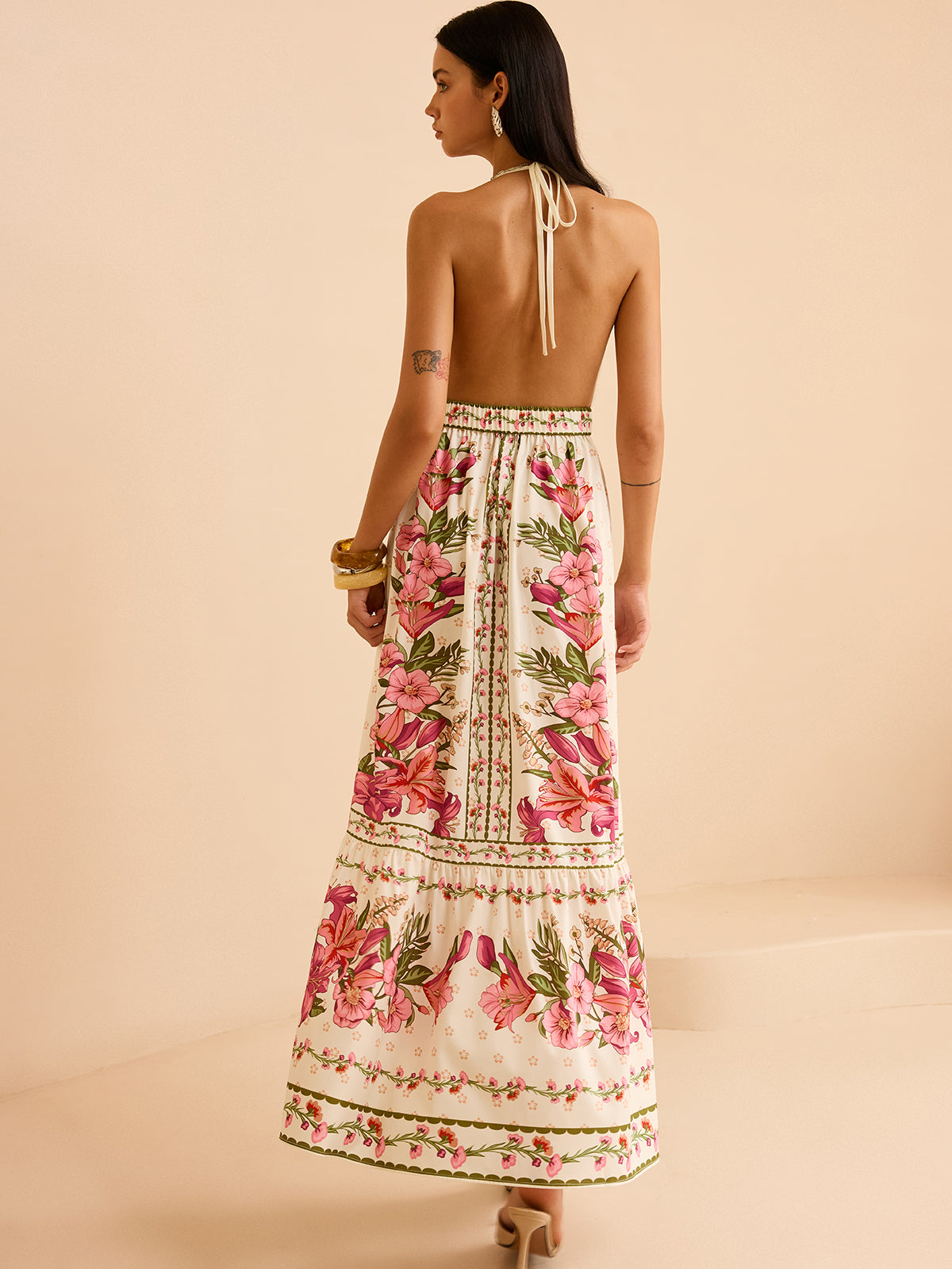 Floral Print Halter Backless Maxi Dress-Chicvia