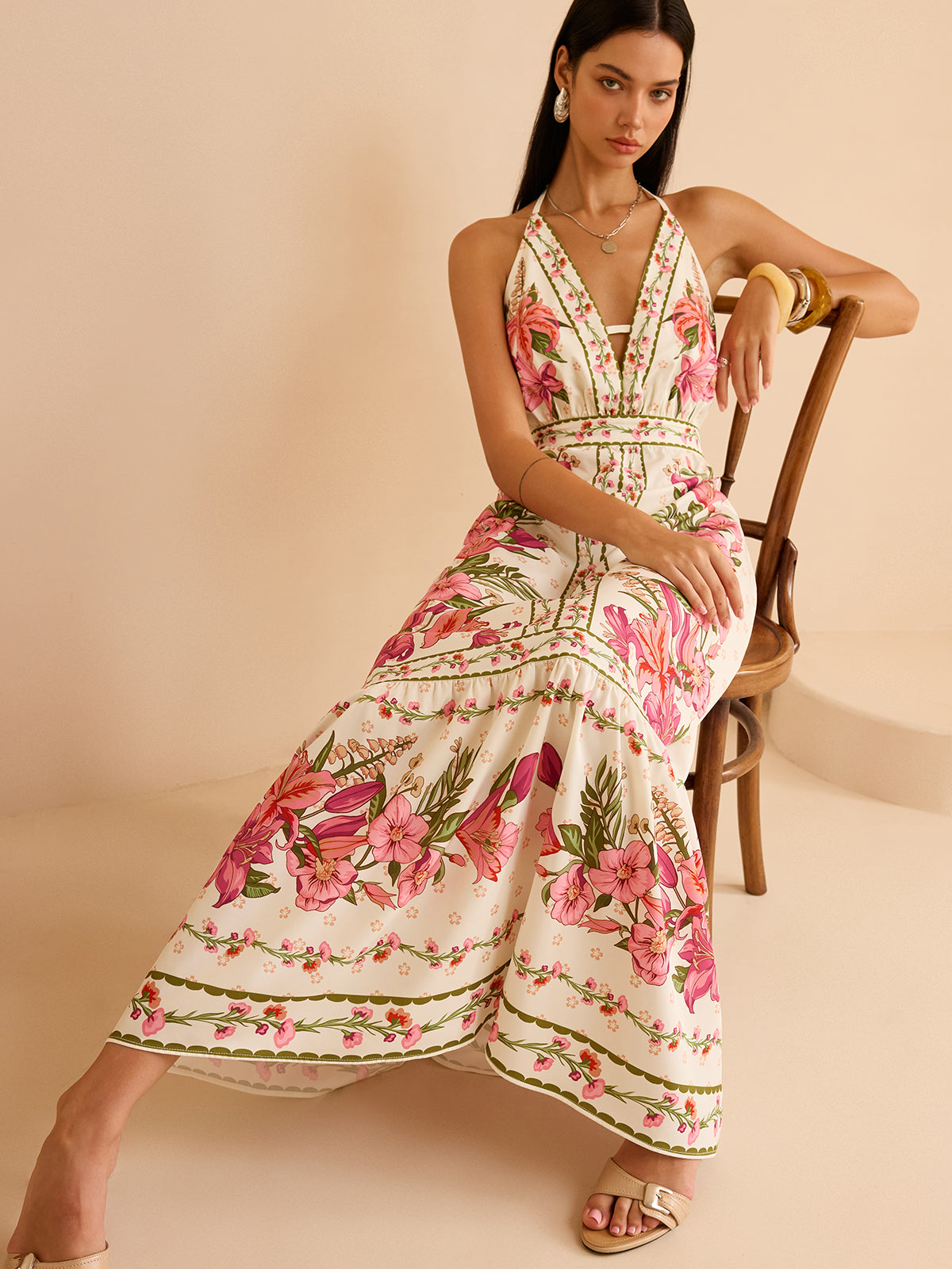 Floral Print Halter Backless Maxi Dress-Chicvia