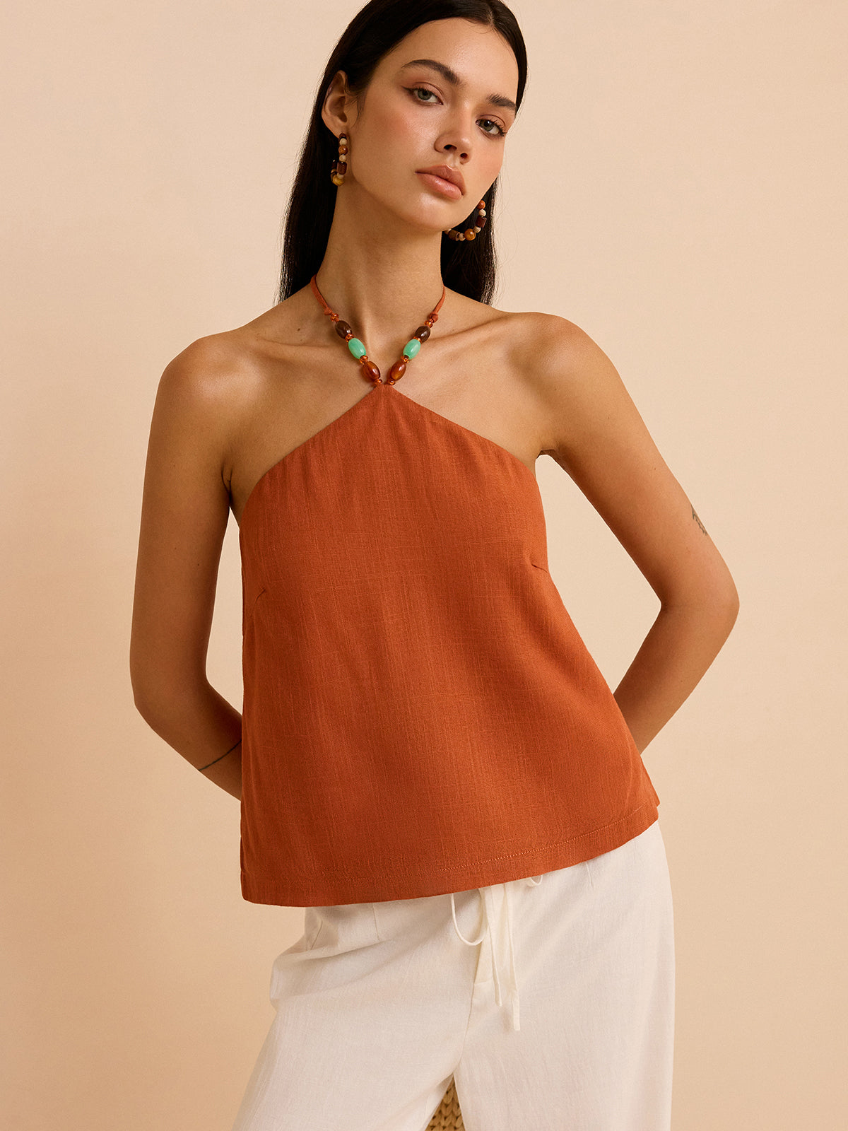 Linen & Cotton Halter Top-Chicvia