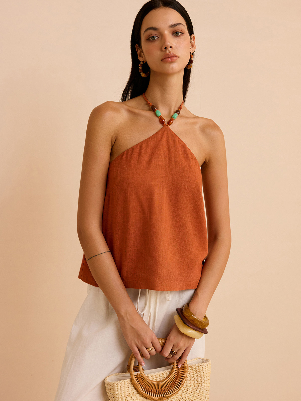 Linen & Cotton Halter Top-Chicvia