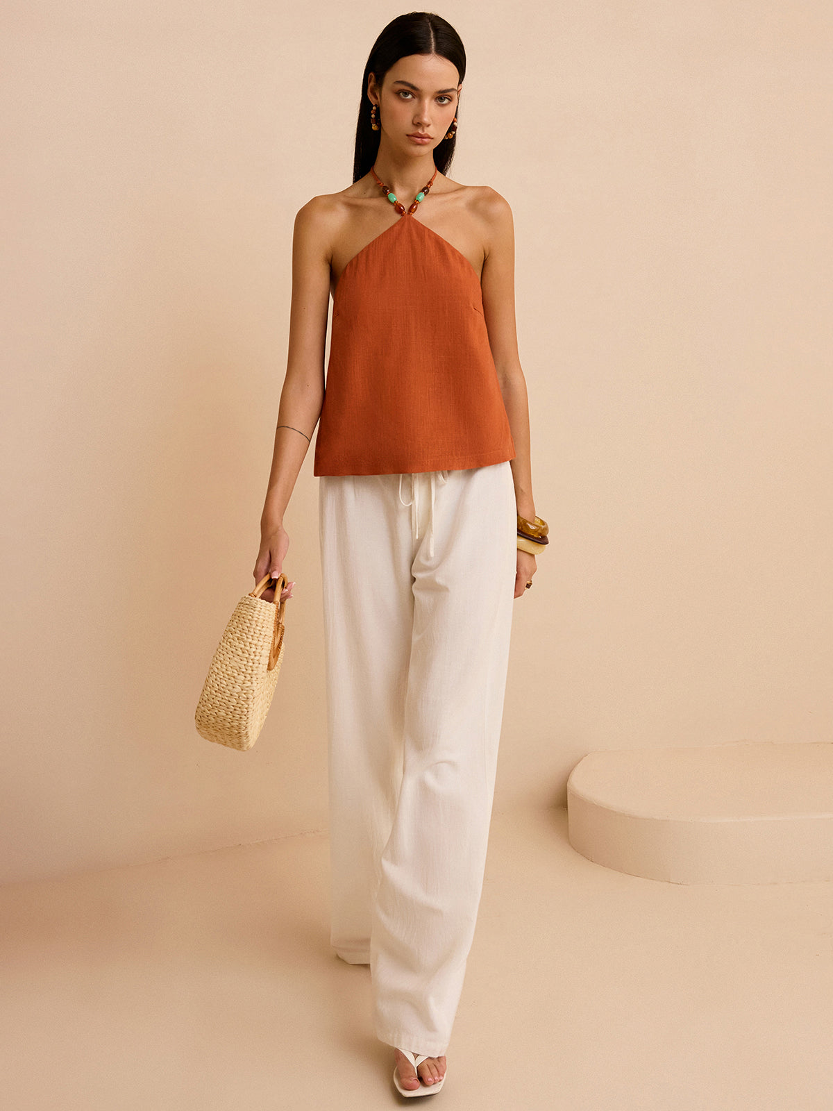 Linen & Cotton Halter Top-Chicvia