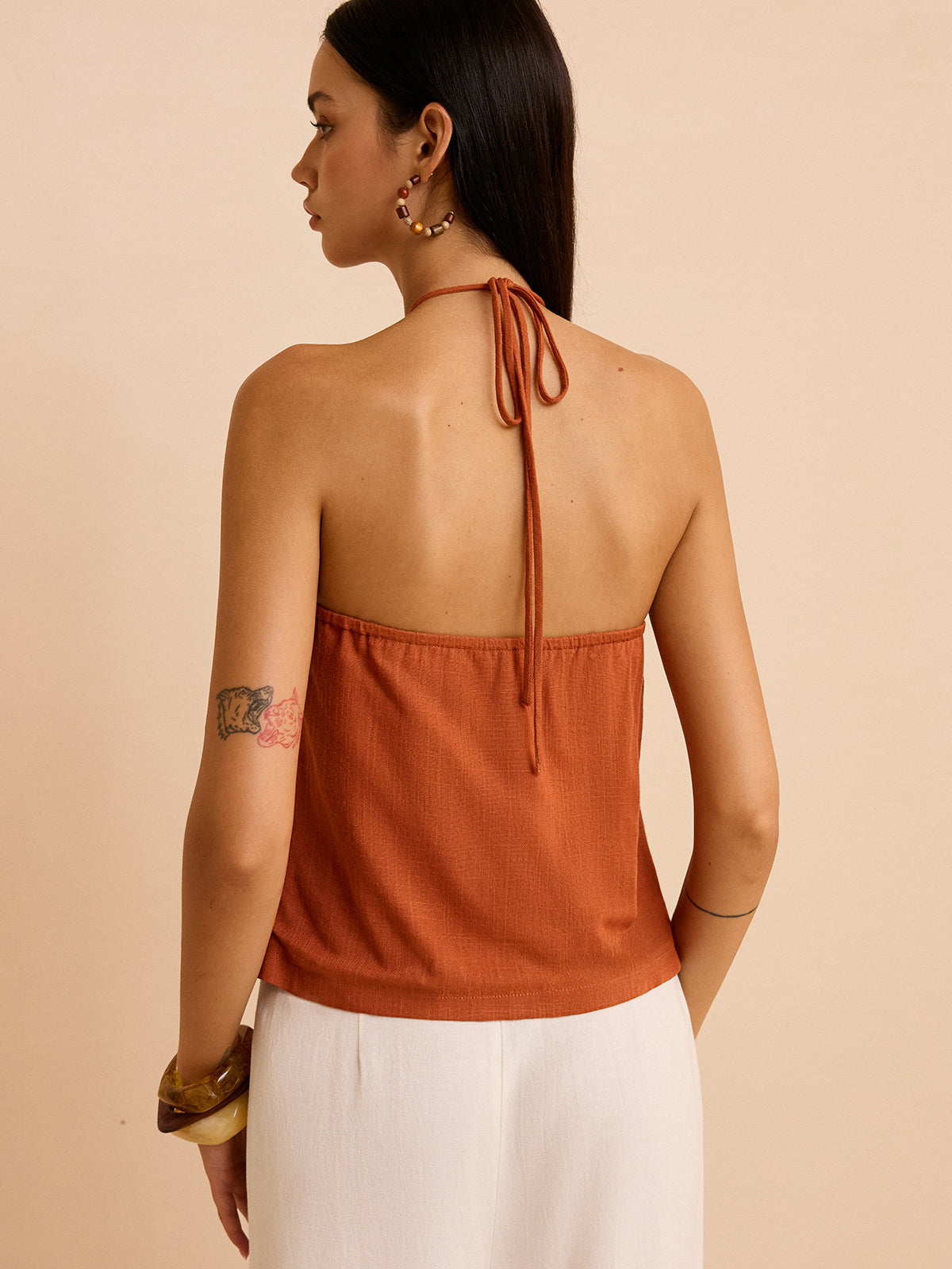 Linen & Cotton Halter Top-Chicvia