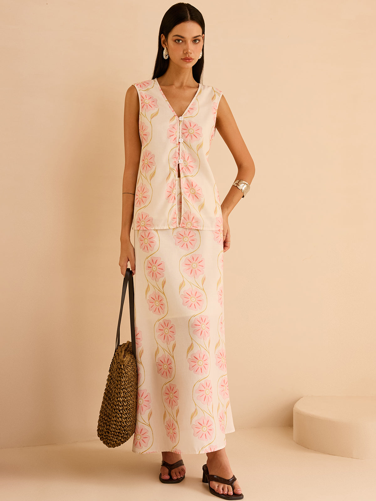 Floral Print Sleeveless Vest-Chicvia