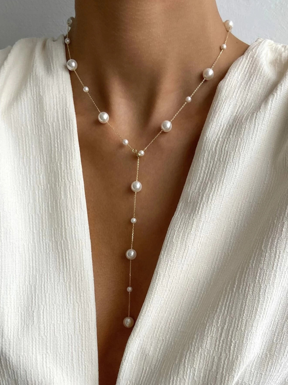 Pearl Drop Y-Necklace-Chicvia