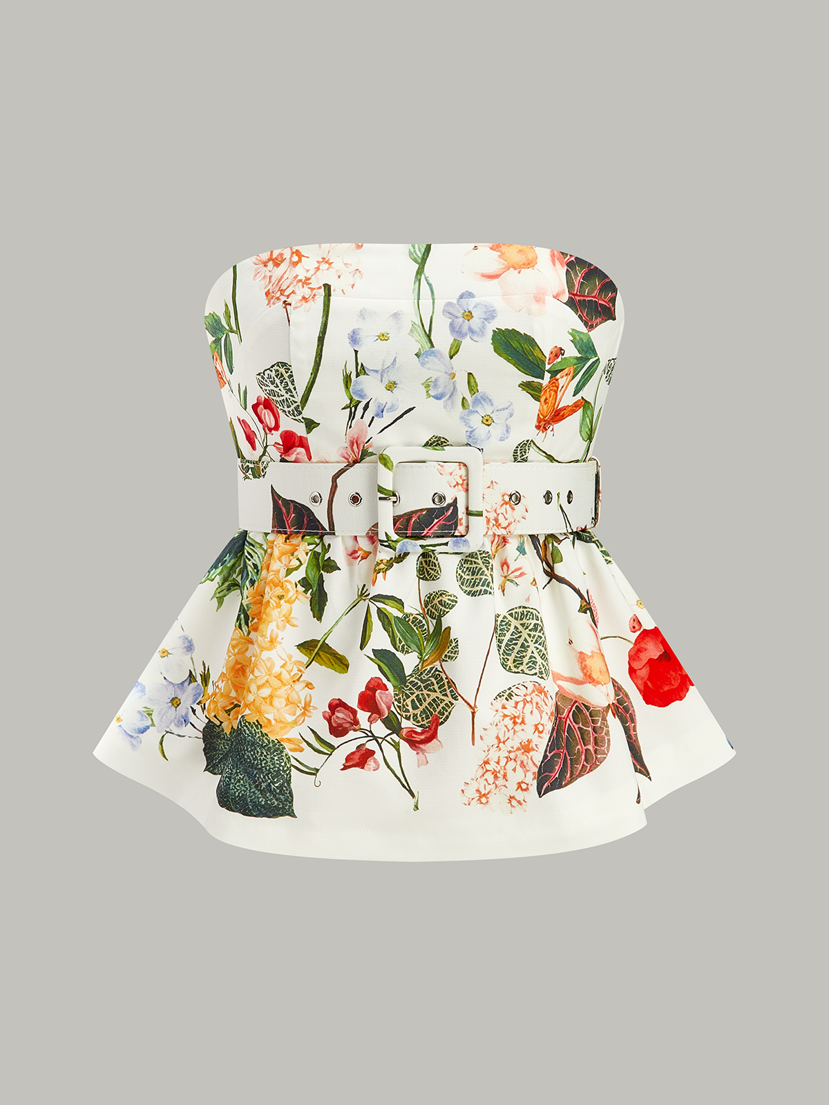 Floral Print Strapless Peplum Top With Belt-Chicvia