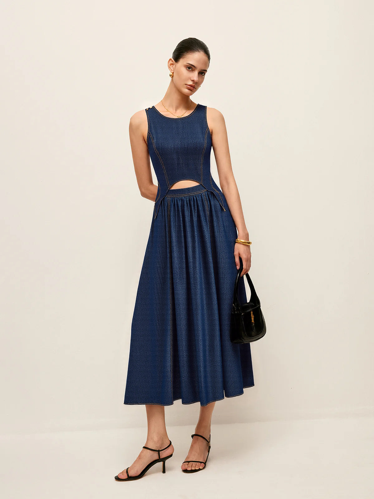 Denim Cut-Out Midi Dress-Chicvia