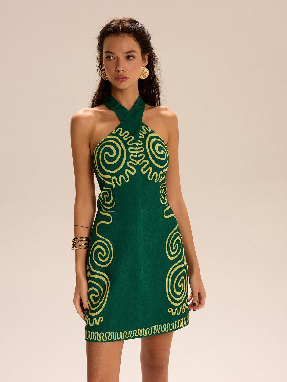 Halter-Neck Dress With Swirl Patterns-Chicvia
