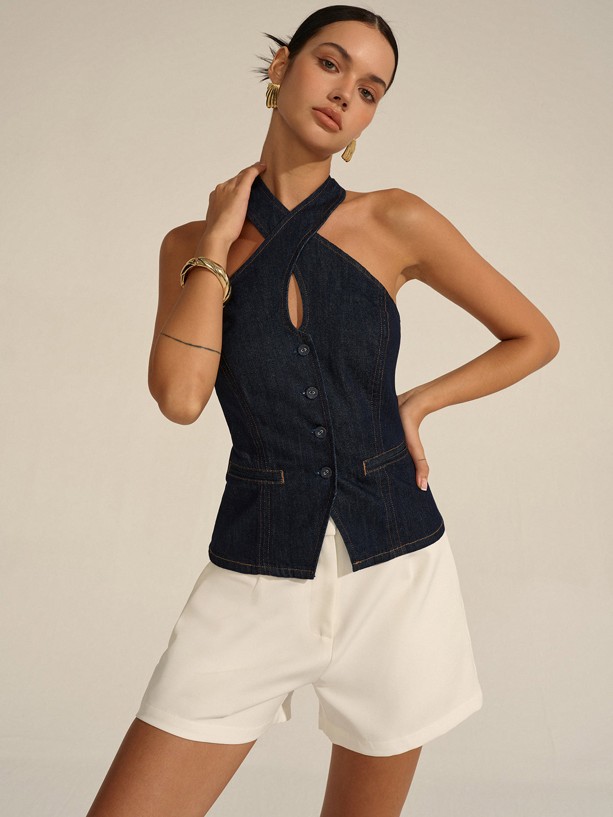 Denim Halter Crisscross Backless Top-Chicvia