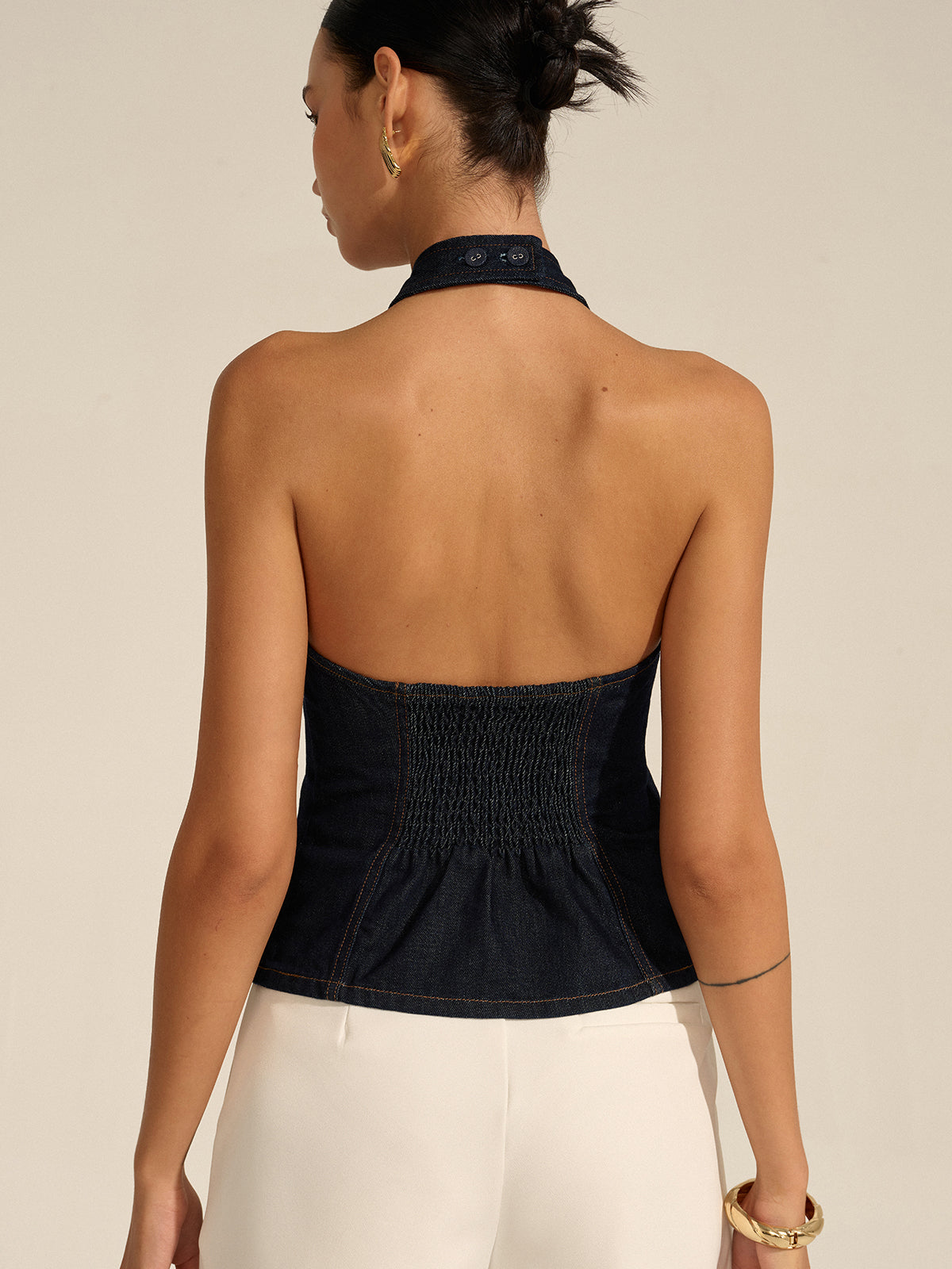 Denim Halter Crisscross Backless Top-Chicvia