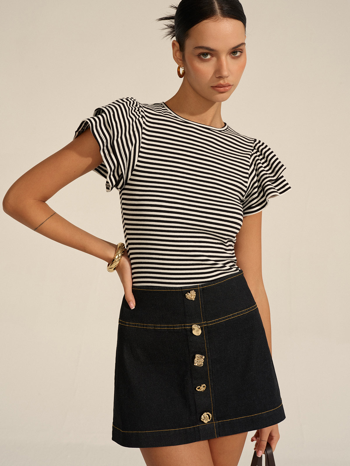 Metal Decor Denim Mini Skirt-Chicvia