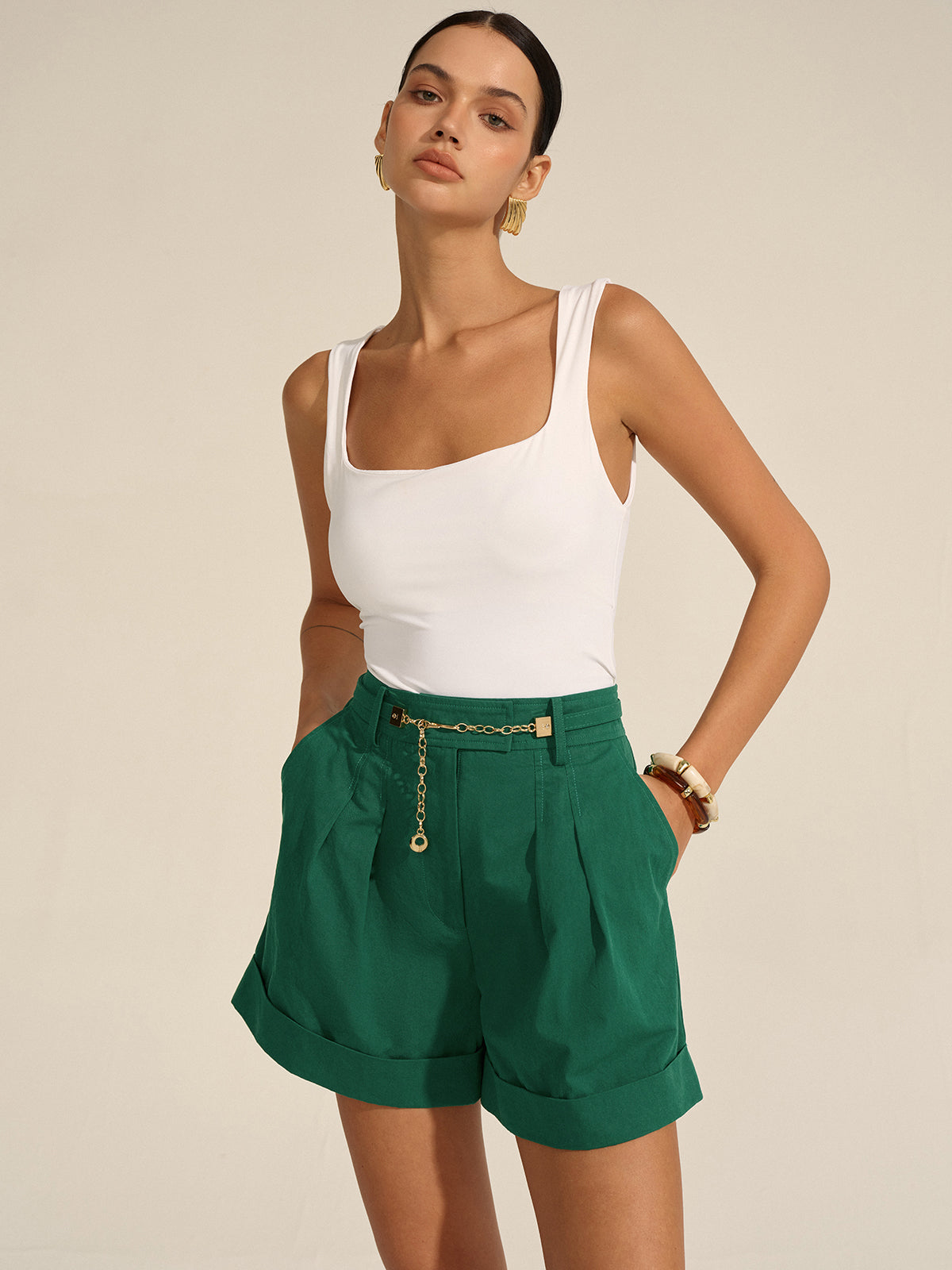 Pleated Cuffed Shorts with Gold Chain Detail-Chicvia