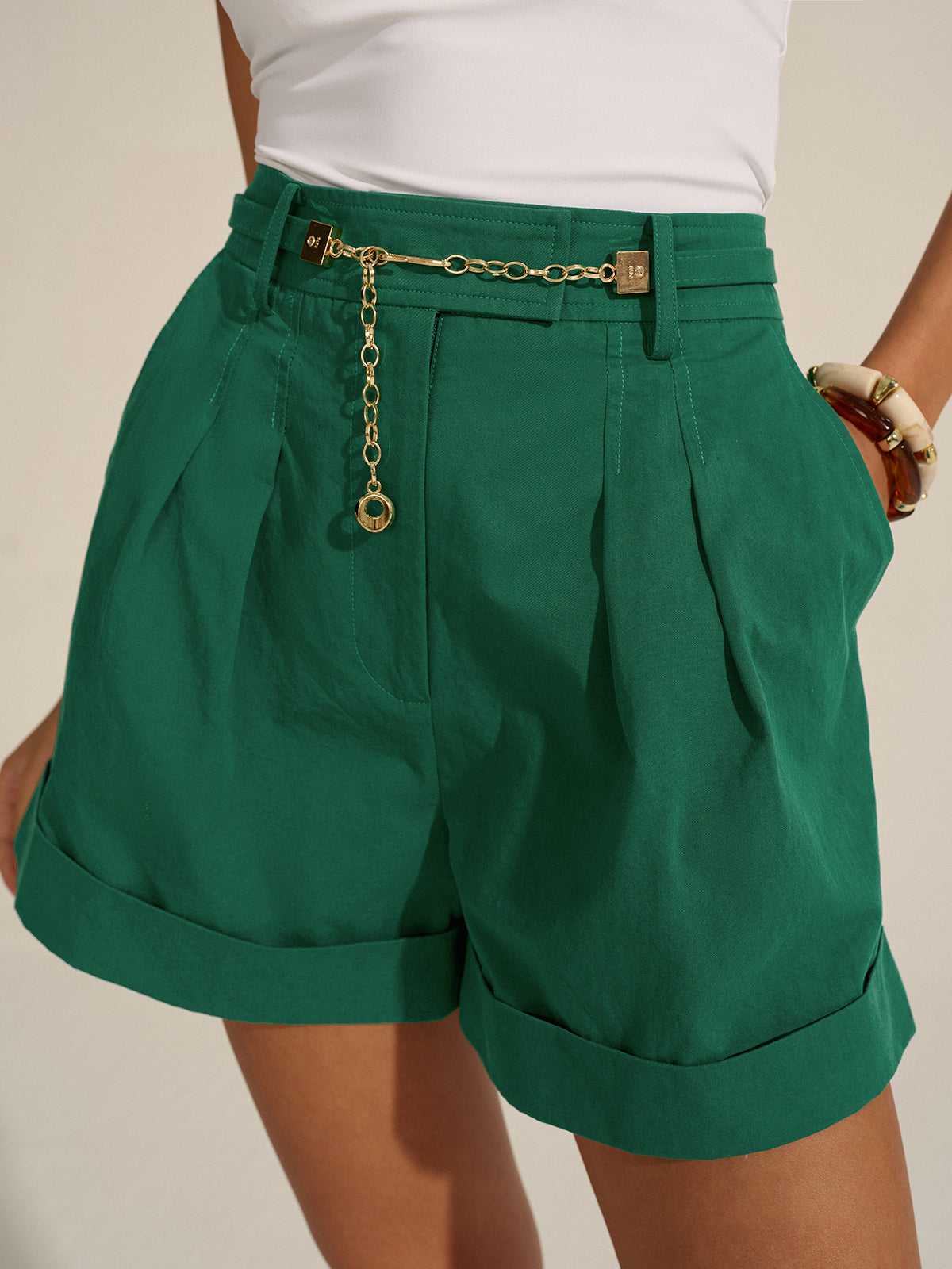 Pleated Cuffed Shorts with Gold Chain Detail-Chicvia