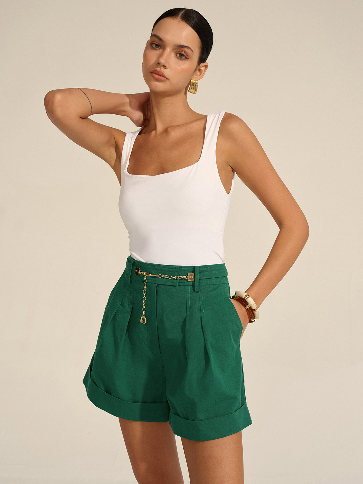 Pleated Cuffed Shorts with Gold Chain Detail-Chicvia