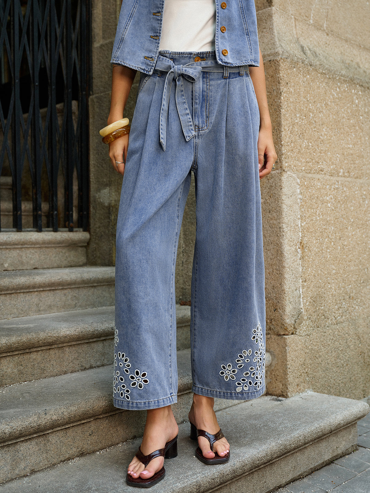 Denim Embroidery Tie-Waist Pants-Chicvia