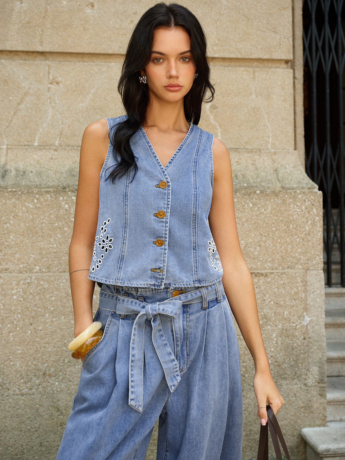 Denim Embroidery V-Neck Vest-Chicvia