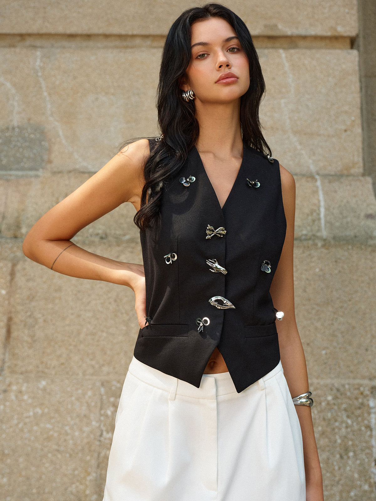 Metal Decor V-Neck Vest-Chicvia