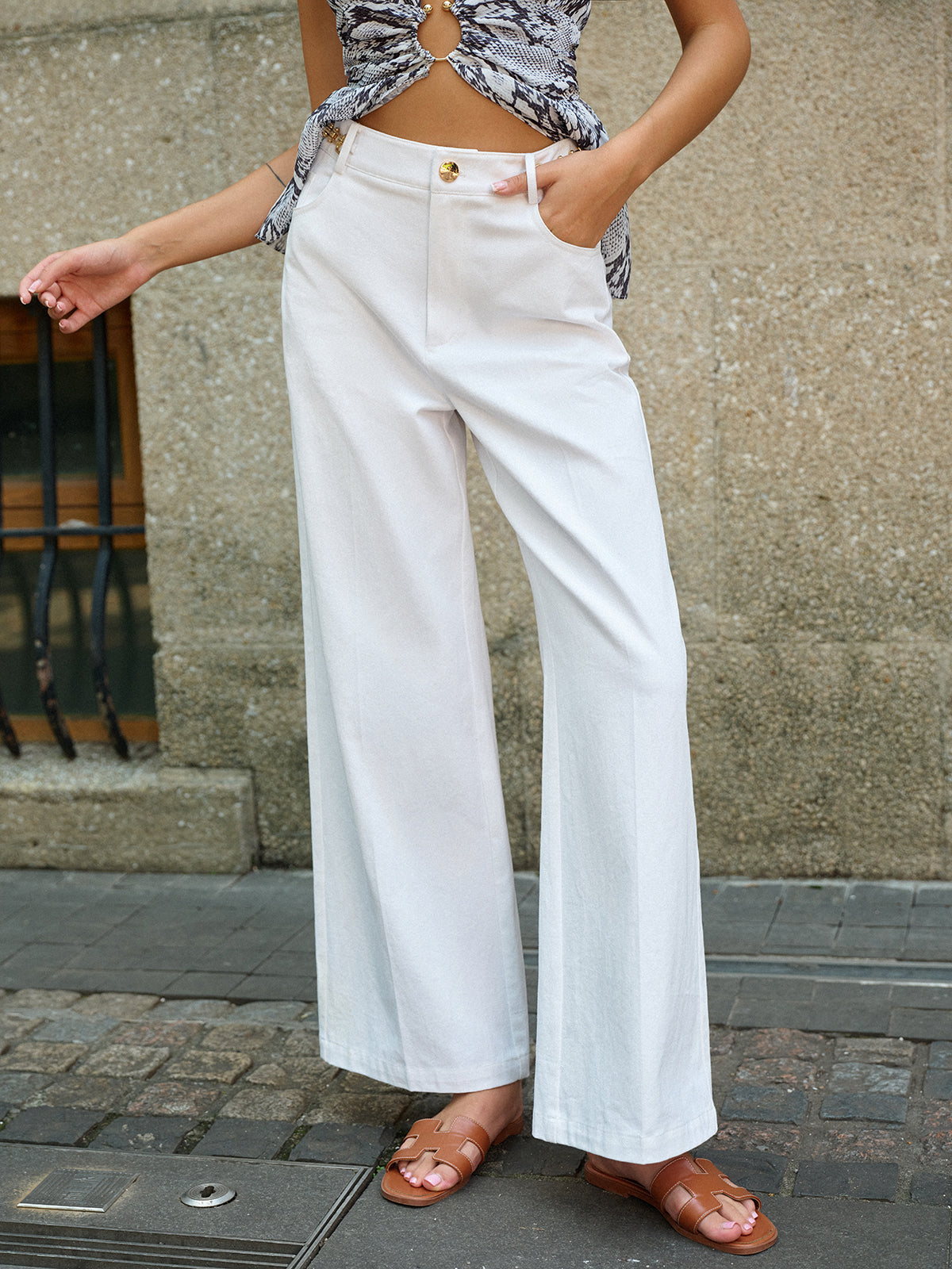 Metal Decor Wide-Leg Pants-Chicvia