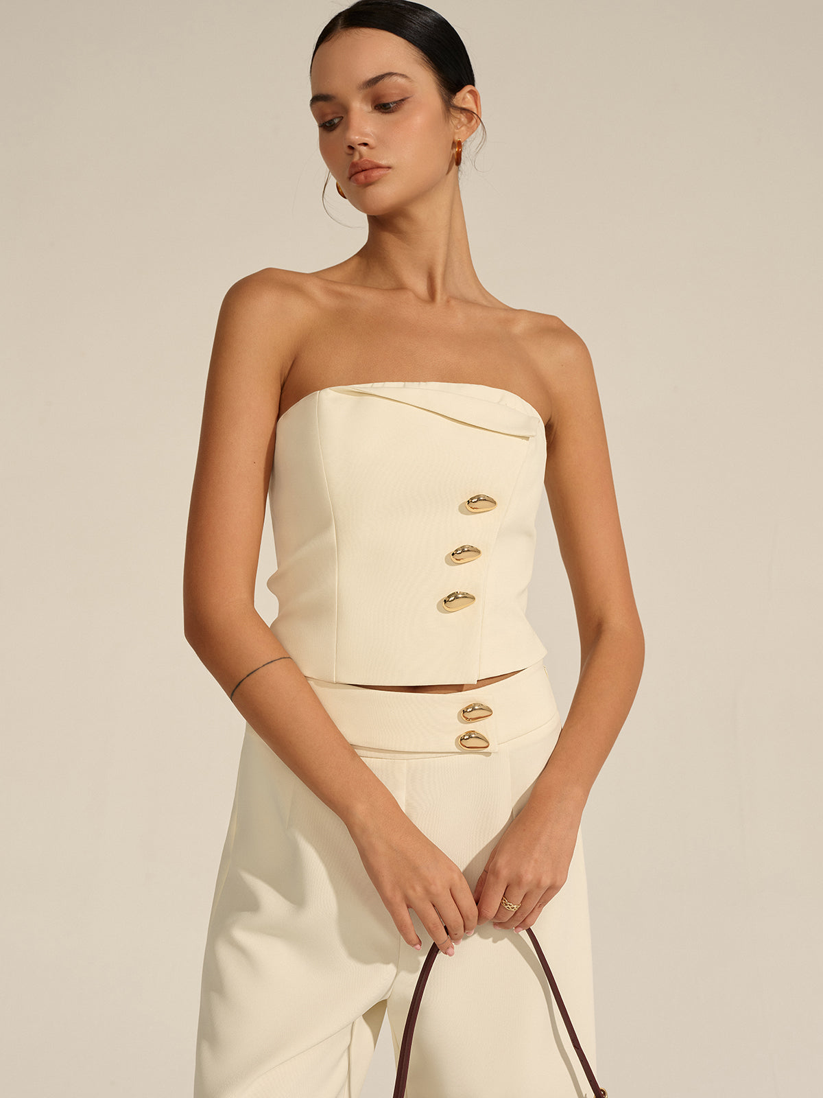 Metal Decor Strapless Crop Top-Chicvia