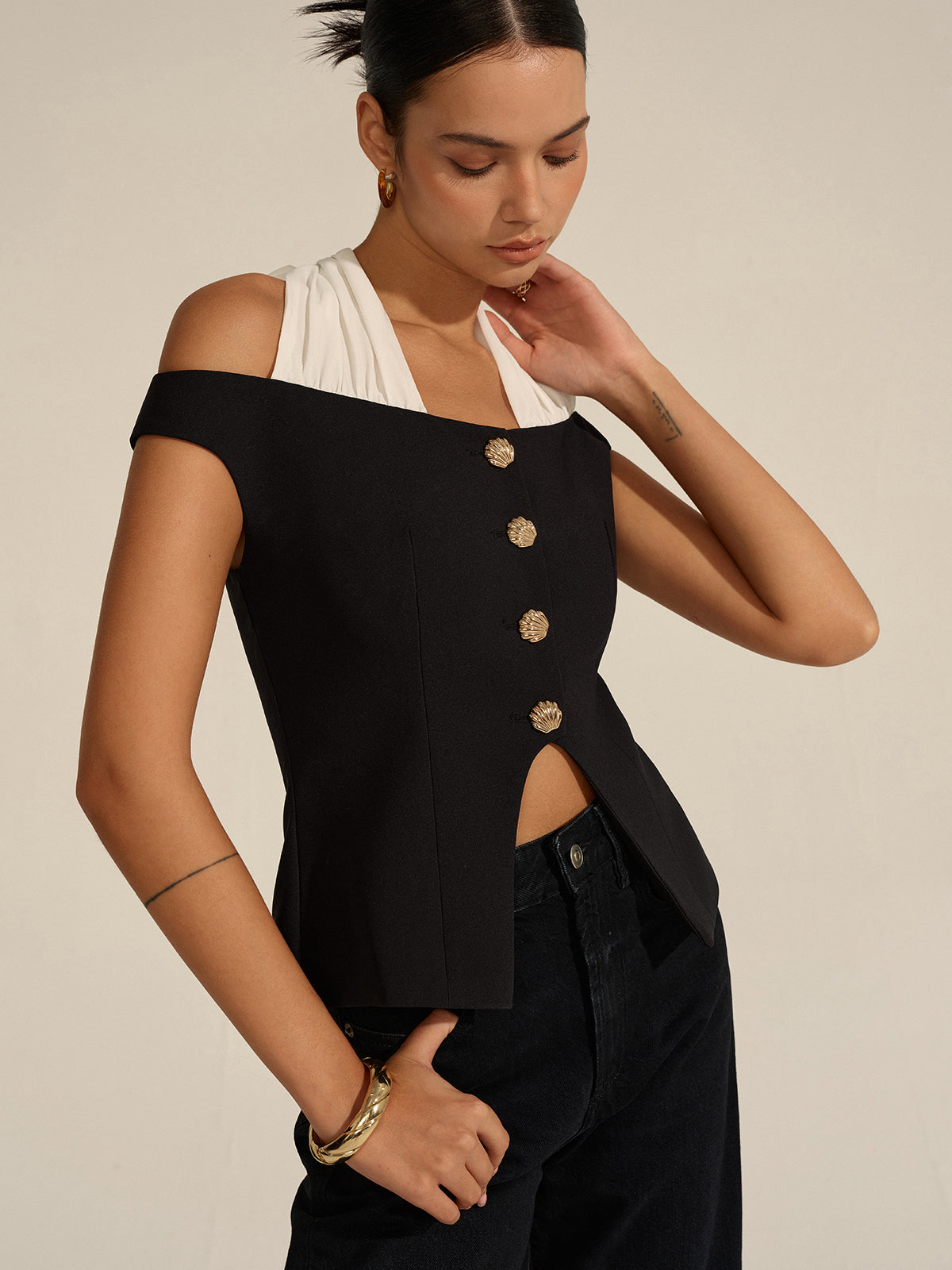 Off-Shoulder Halter Neck Blouse-Chicvia