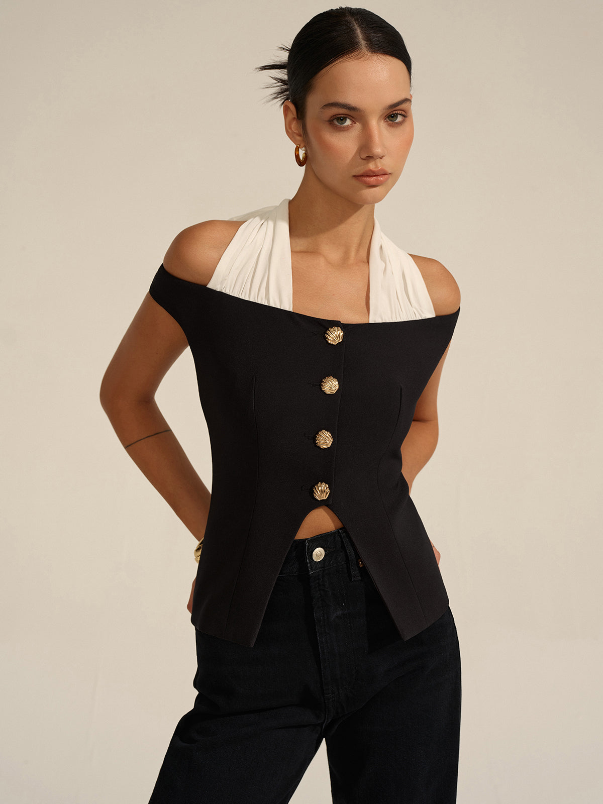 Off-Shoulder Halter Neck Blouse-Chicvia