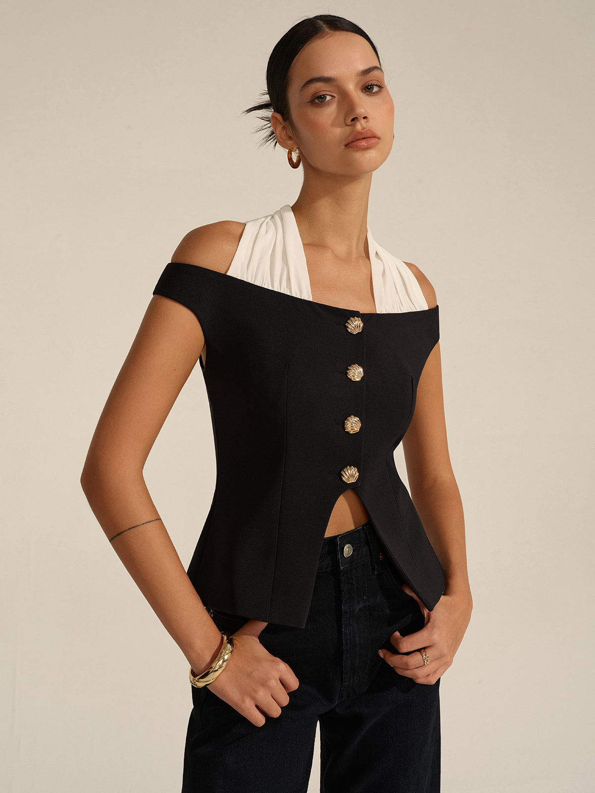 Off-Shoulder Halter Neck Blouse-Chicvia