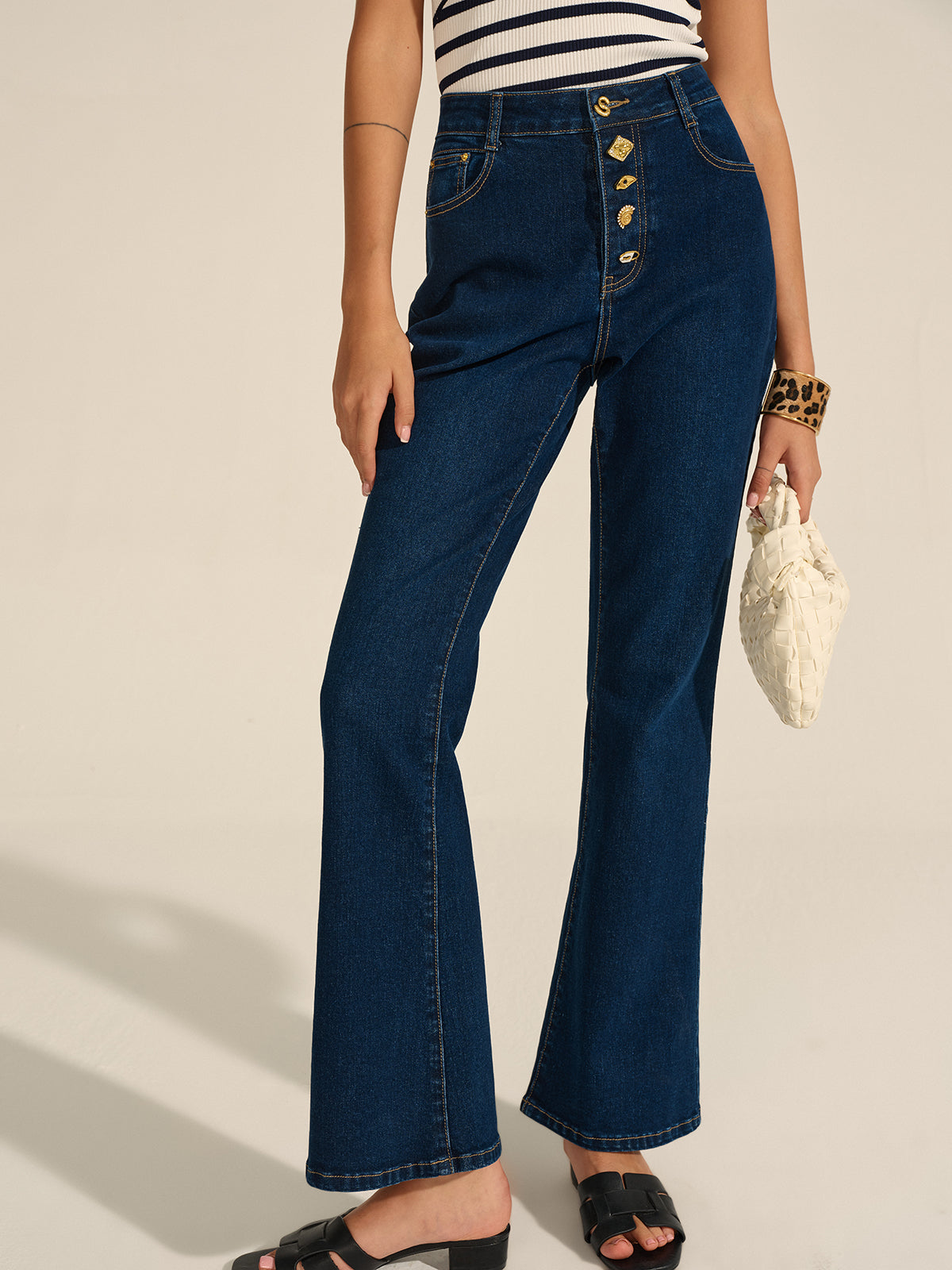 Denim Metal Decor Flared Pants-Chicvia