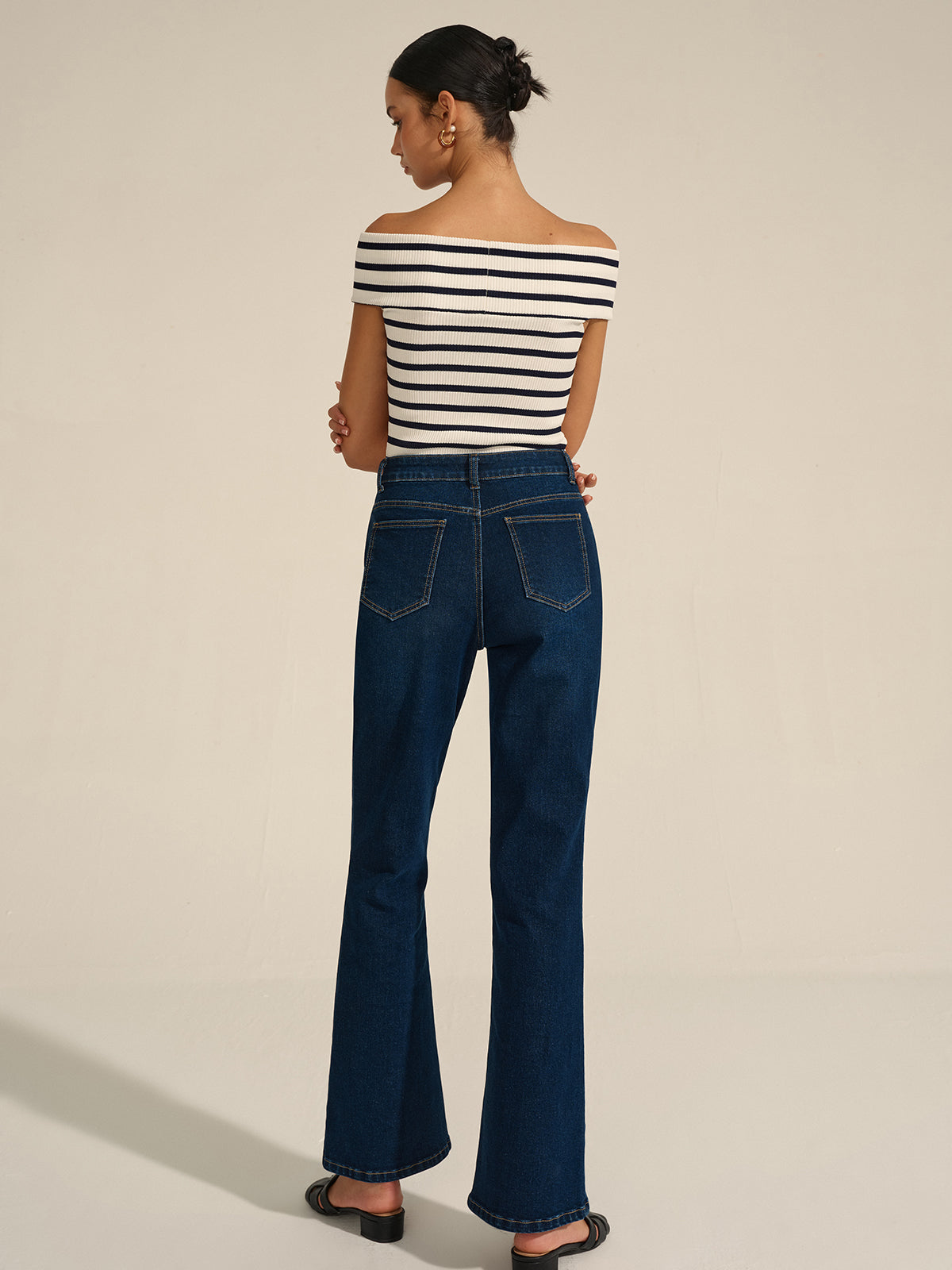 Denim Metal Decor Flared Pants-Chicvia