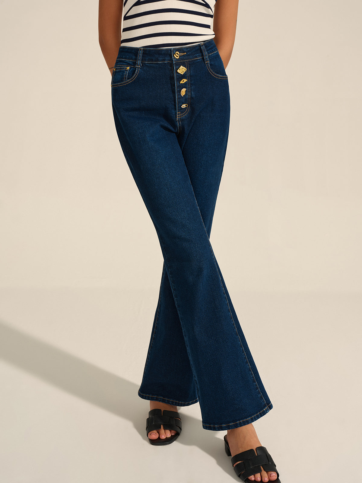 Denim Metal Decor Flared Pants-Chicvia