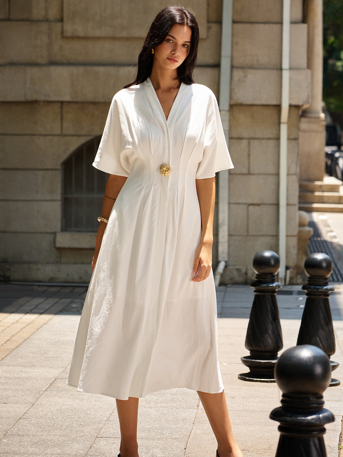 Metal Decor V-Neck Midi Dress-Chicvia