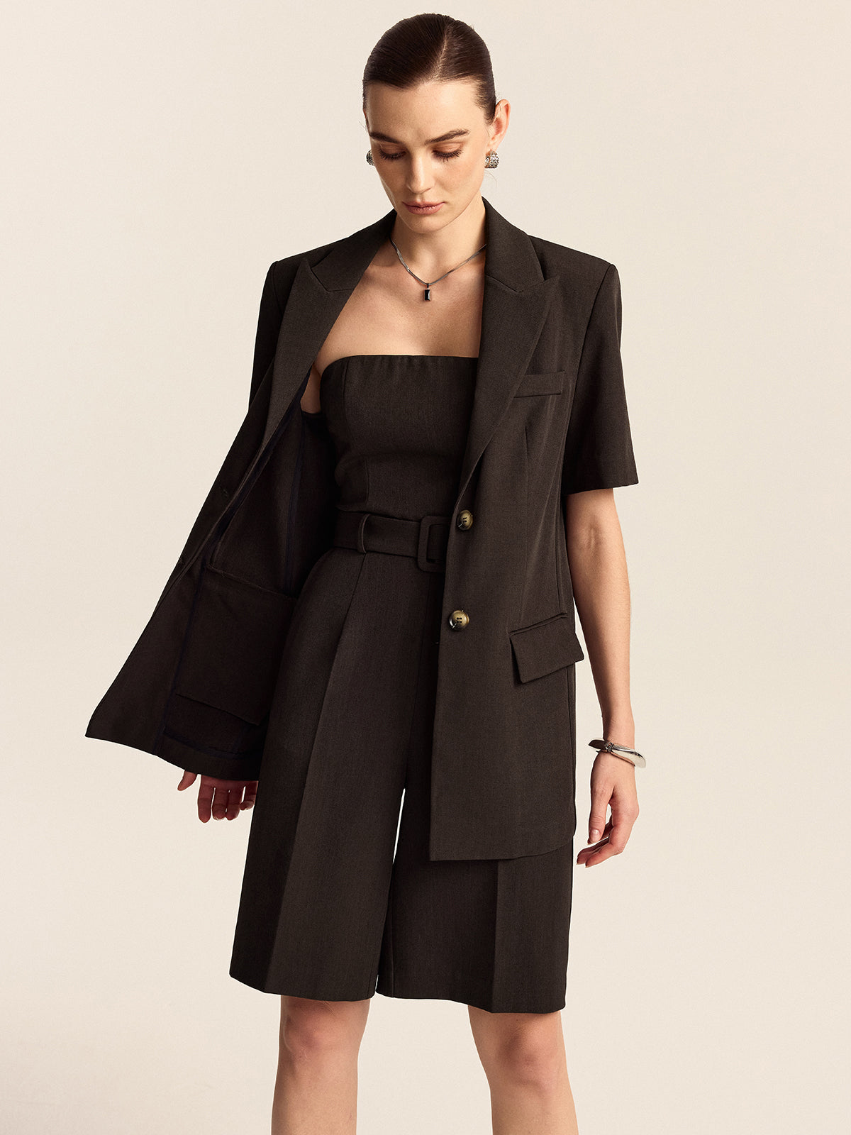 Oversized Short-Sleeved Blazer-Chicvia