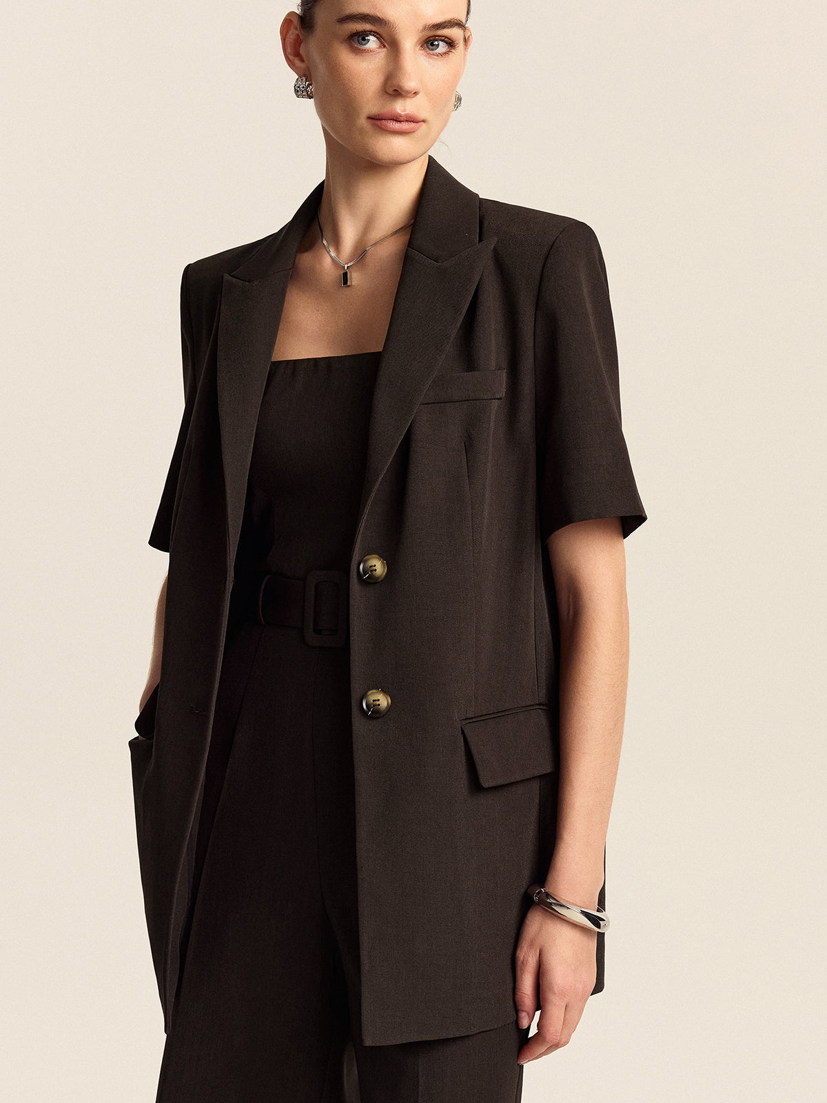 Oversized Short-Sleeved Blazer-Chicvia