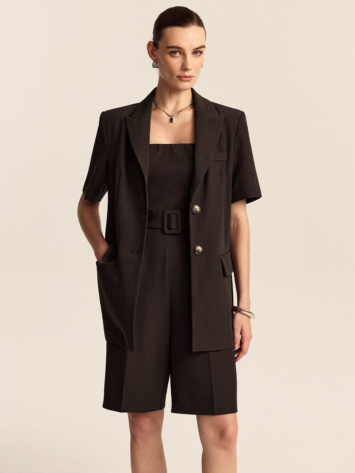 Oversized Short-Sleeved Blazer-Chicvia